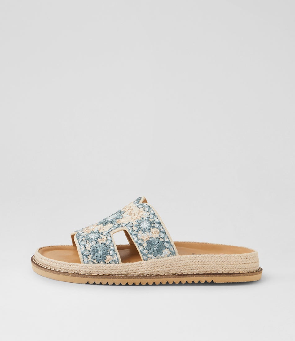 Jintale Denim Blue Embroidery Fabric Slides Jintale Denim Blue Embroidery Fabric Slides