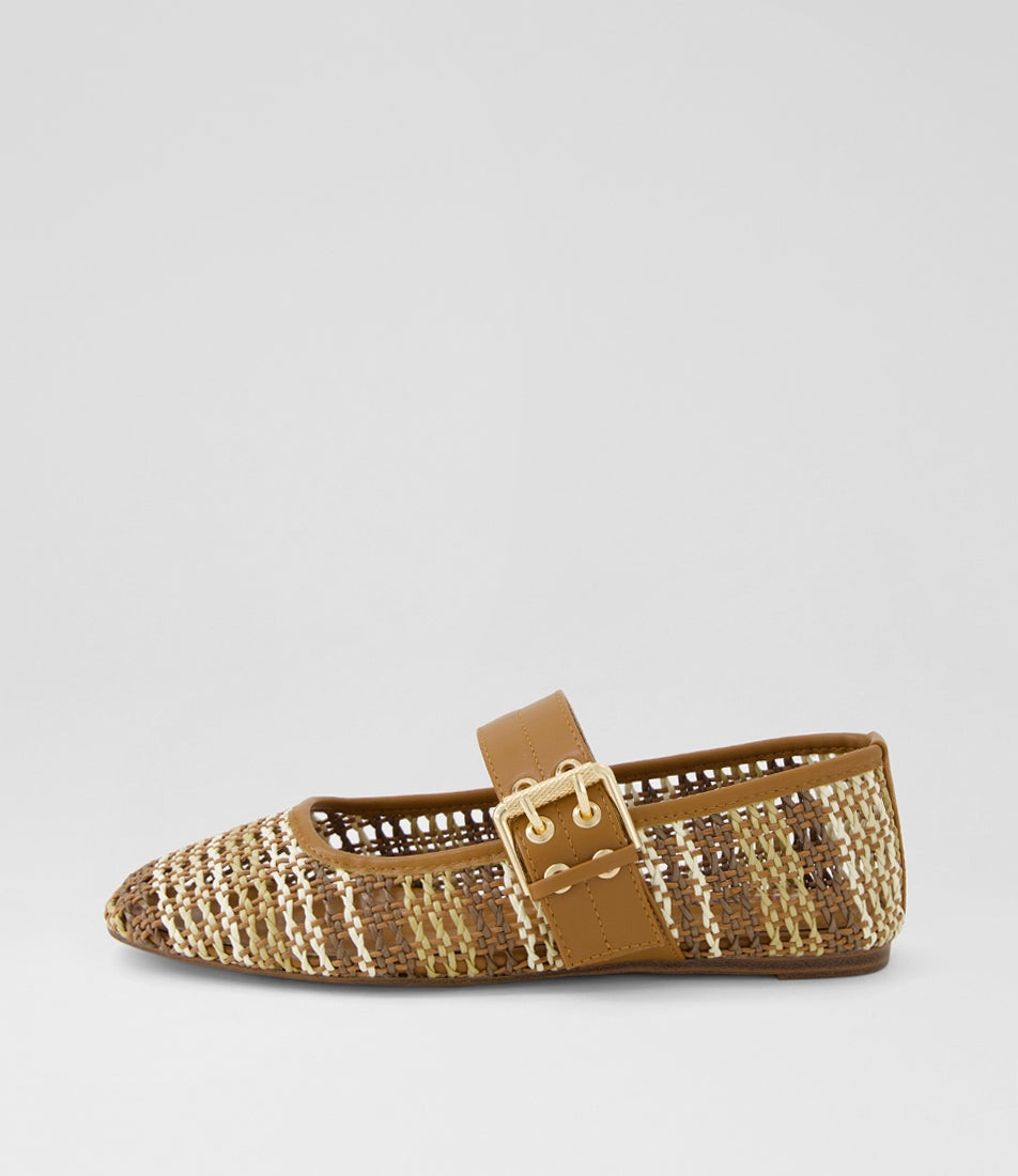 Pollinga Tan Multi Syn Raffia Flat Shoes Pollinga Tan Multi Syn Raffia Flat Shoes