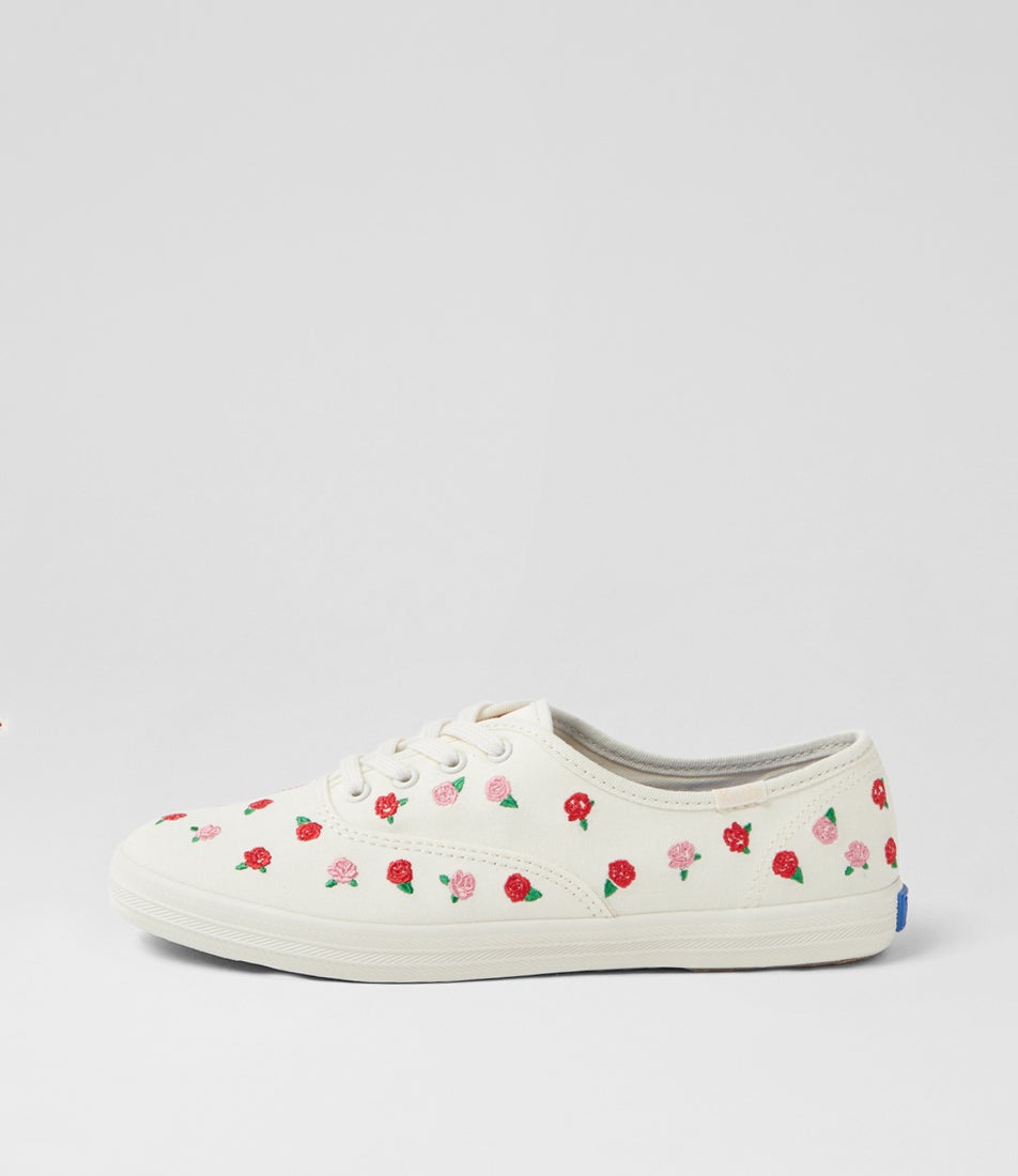 Champion Rose Embroidery Cream Red Canvas Sneakers