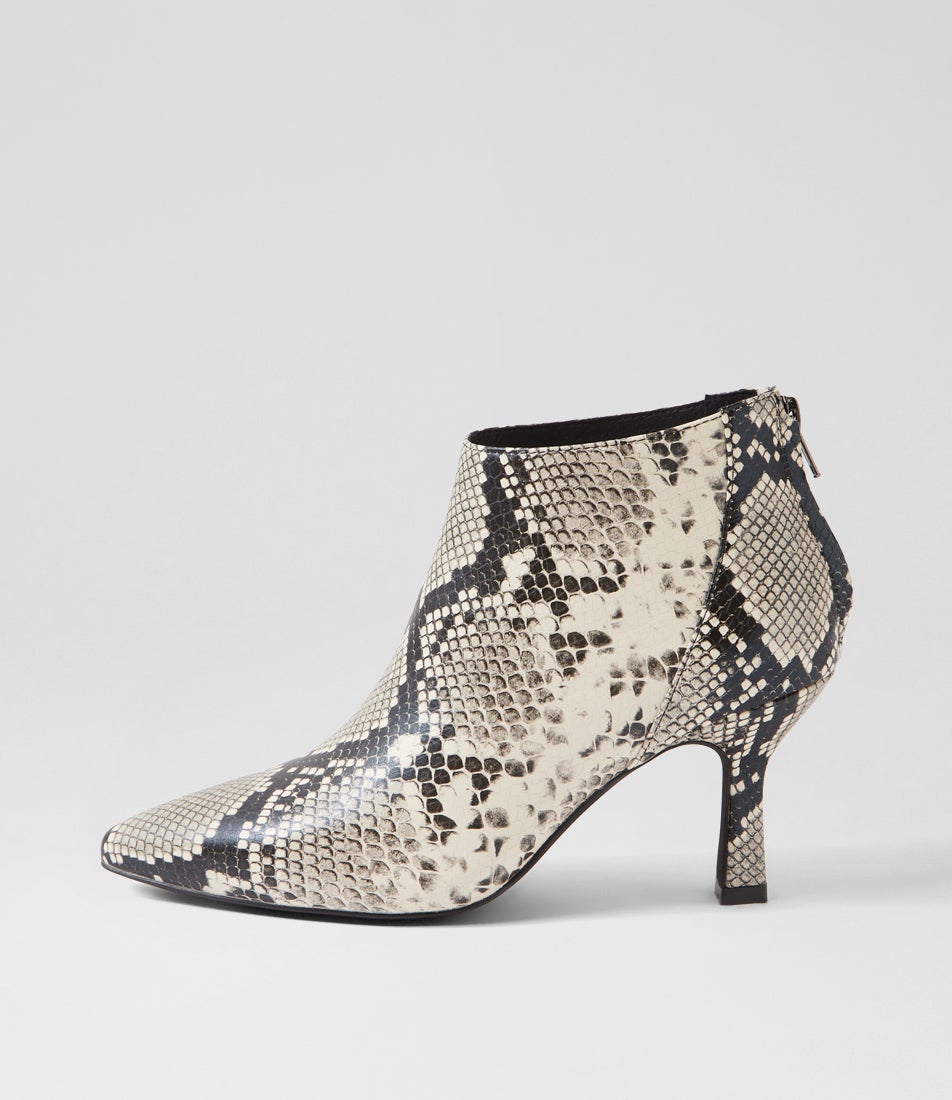 Loral Black Beige Snake Ankle Boots