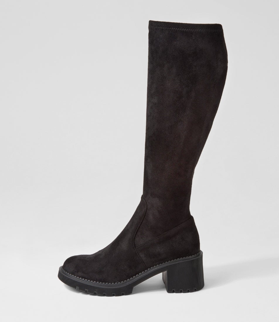 Zarah Black Stretch Microsuede Knee High Boots