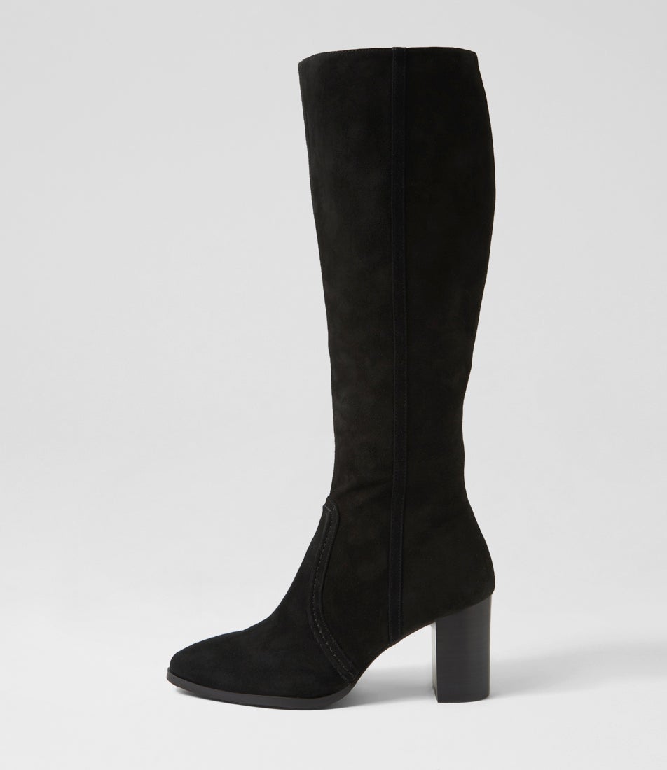 Ammla Black Heel Suede Knee High Boots