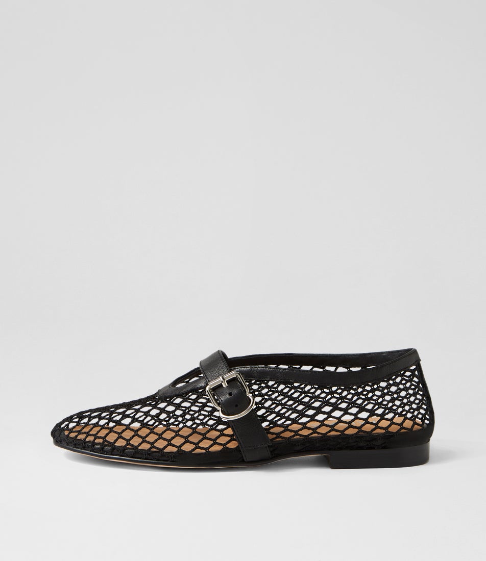 Walaa Black Mesh Leather Flat Shoes