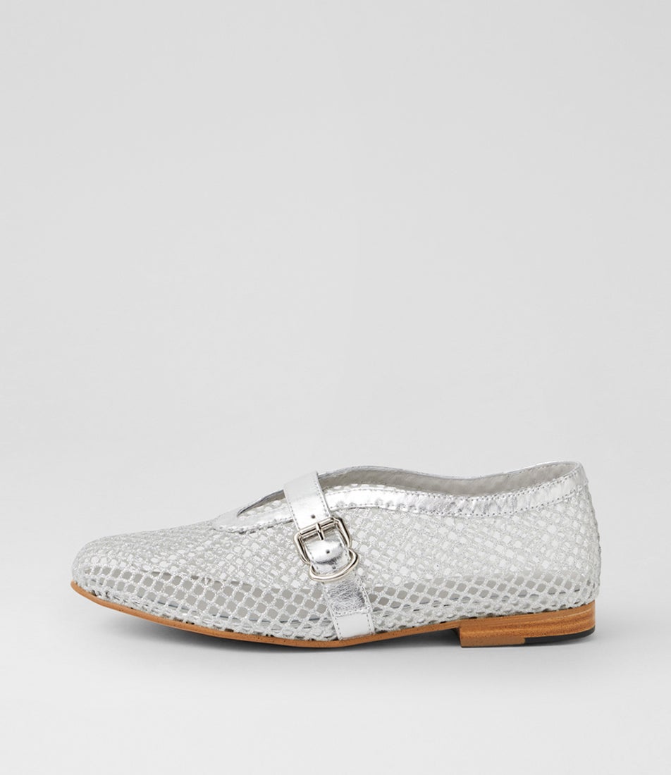 Walaa Silver Mesh Leather Mary Janes Walaa Silver Mesh Leather Mary Janes