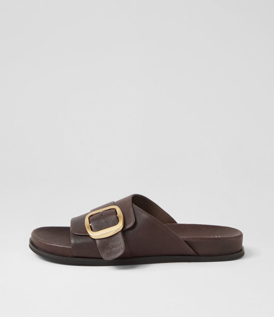Newka Choc Black Leather Slides