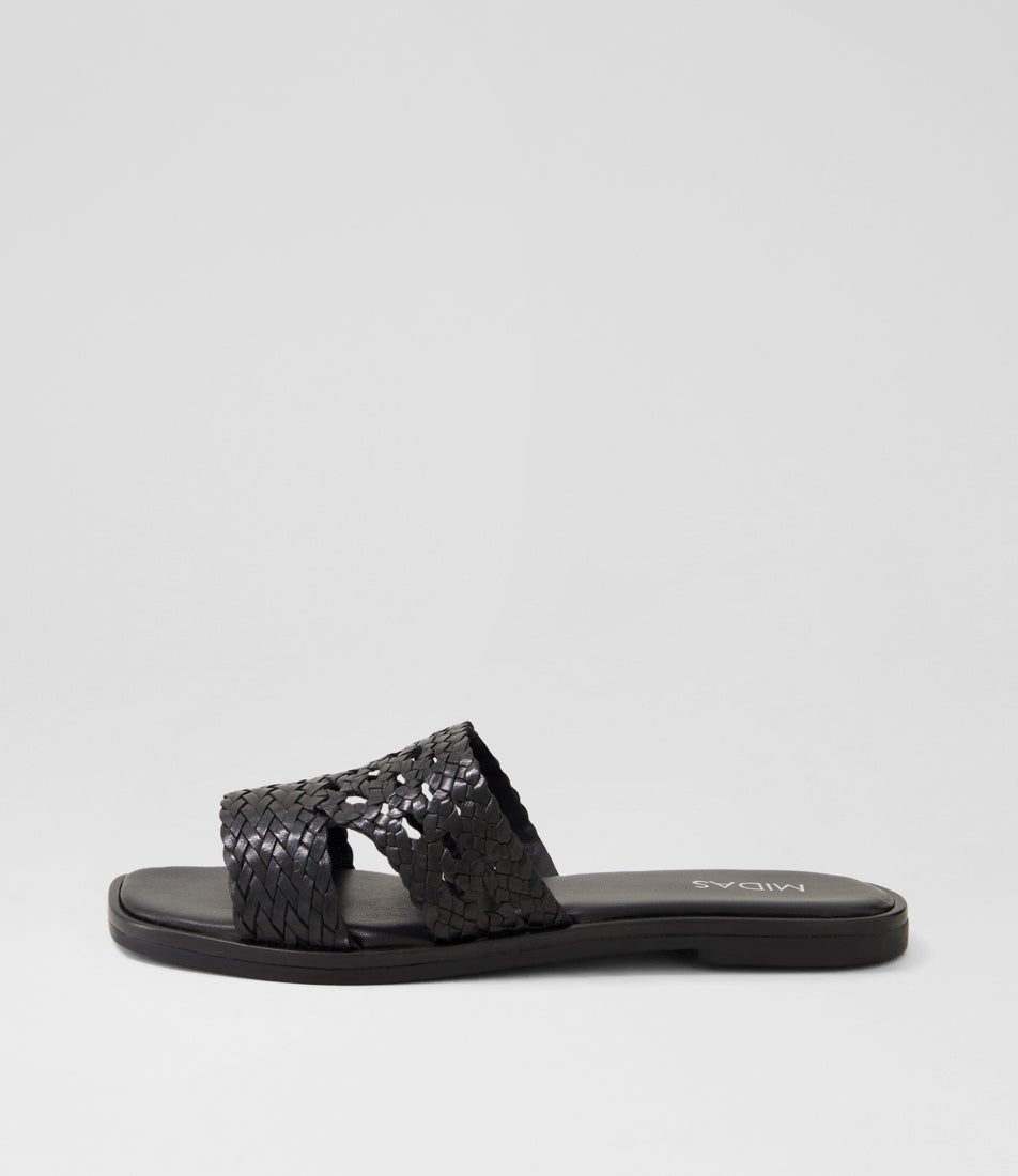 Frill Black Leather Slides