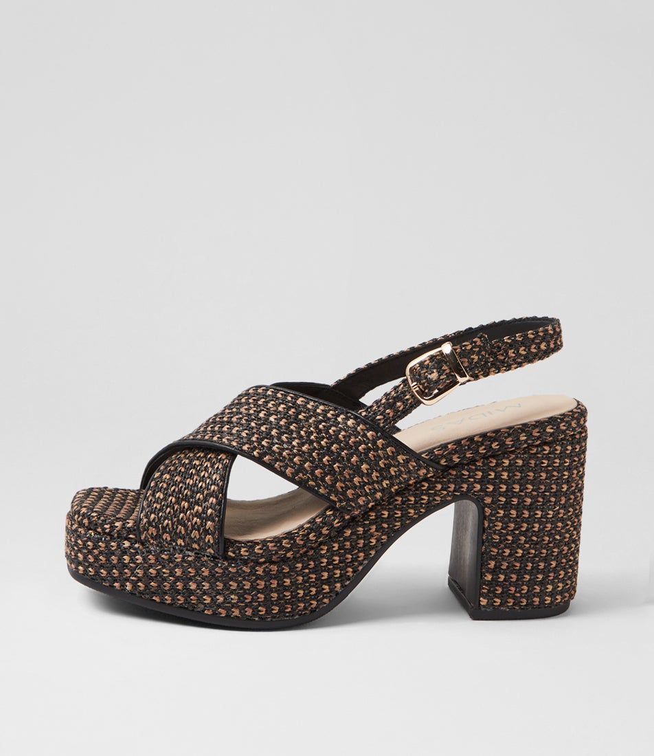 Kenzie Black Tan Synthetic Raffia Sandals