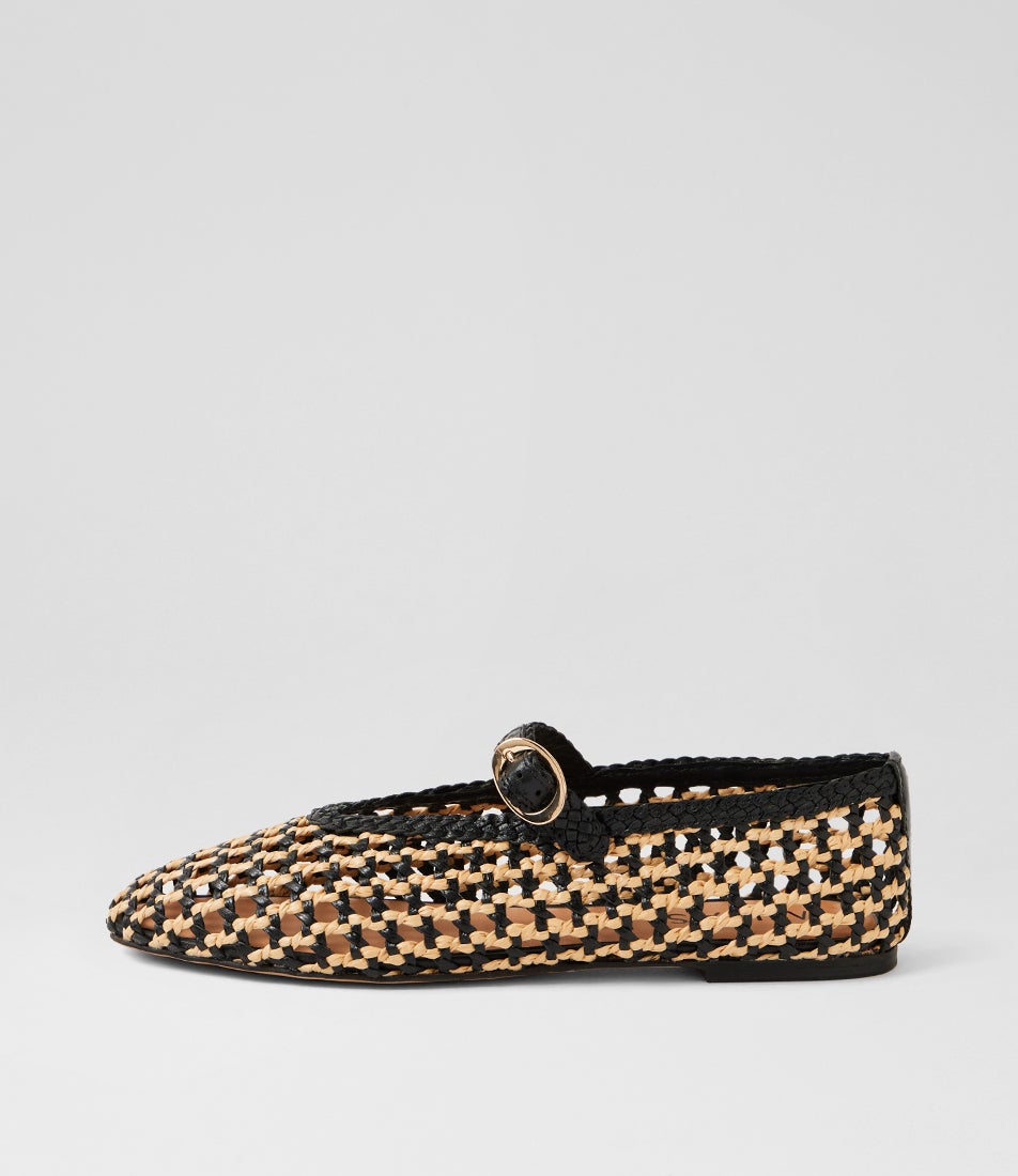 Chip Black Leather Syn Raffia Flat Shoes Chip Black Leather Syn Raffia Flat Shoes