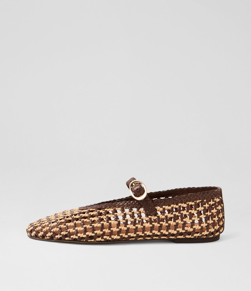 Chip Dark Brown Leather Syn Raffia Flat Shoes Chip Dark Brown Leather Syn Raffia Flat Shoes