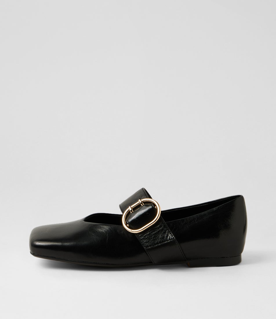 Apres Black Polish Leather Flat Shoes