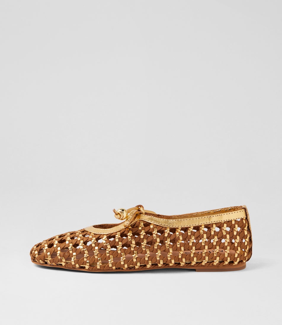 Itch Tan Gold Leather Flat Shoes