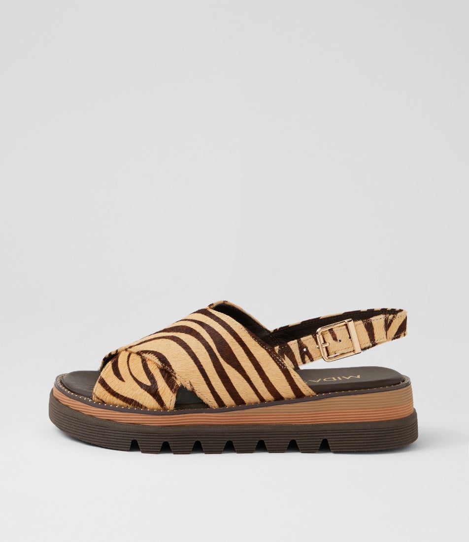 Stu Camel Choc Zebra Pony Platform Wedge Sandals