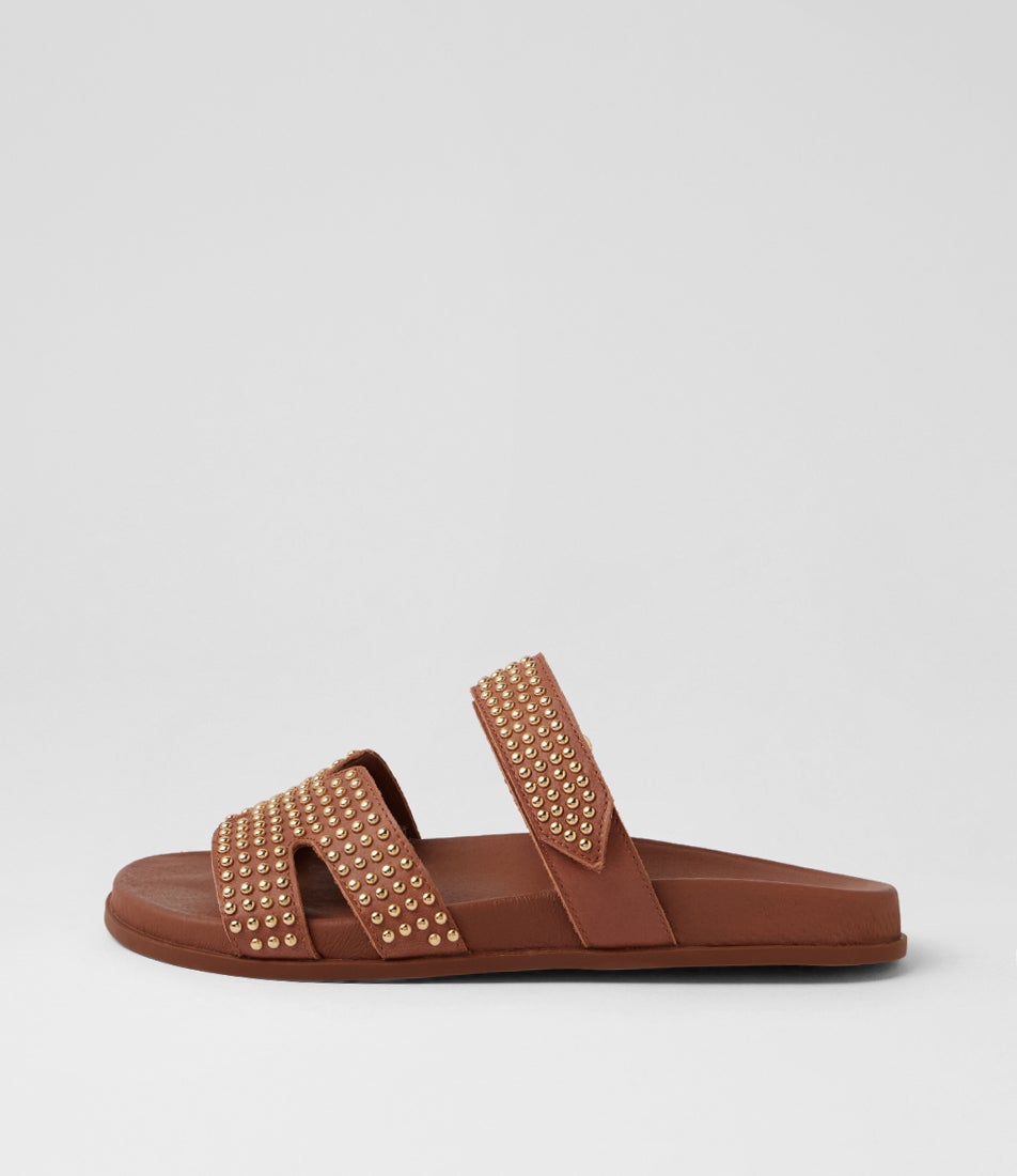 Tiff Walnut Gold Leather Slides Tiff Walnut Gold Leather Slides