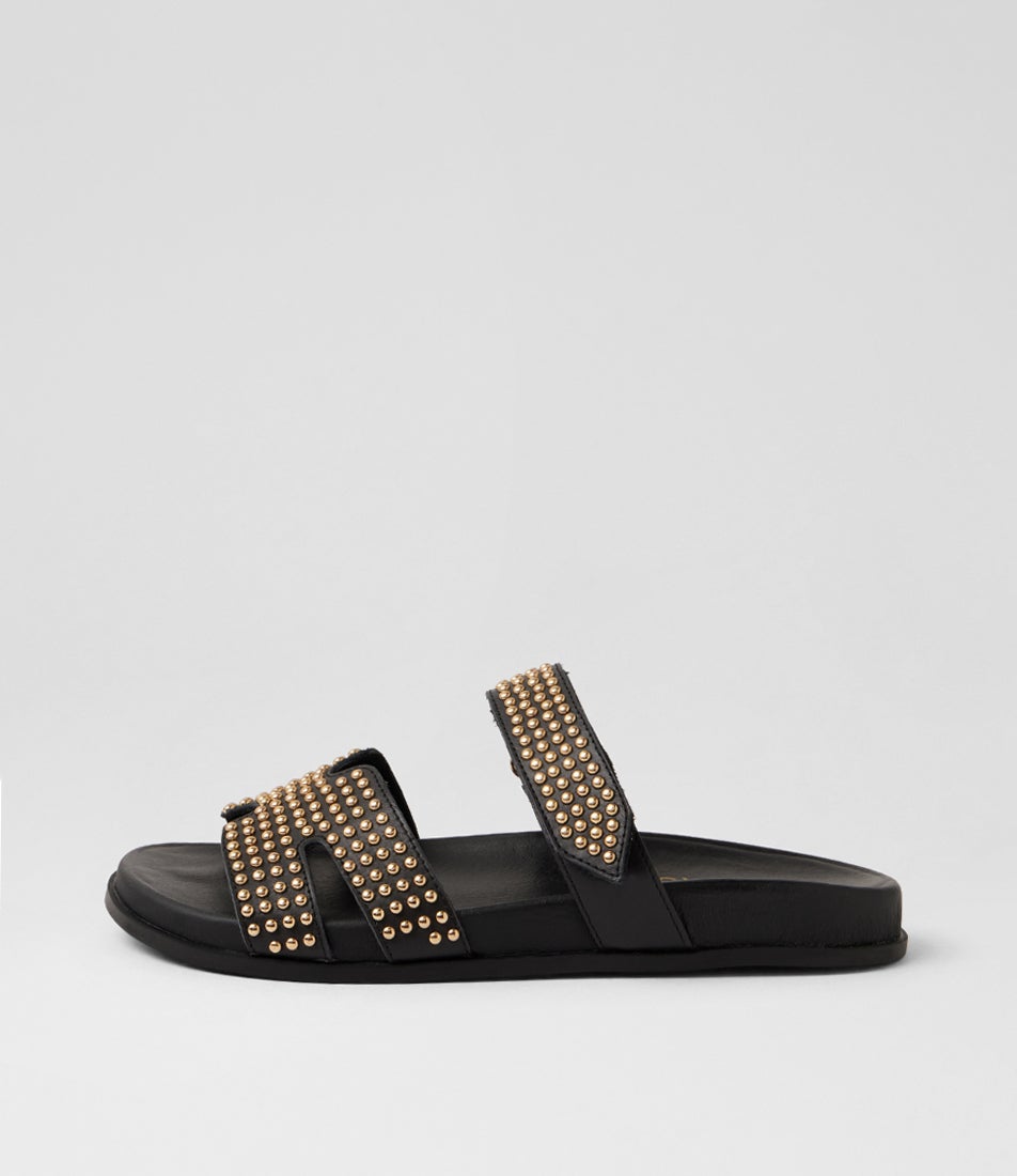Tiff Black Gold Leather Slides Tiff Black Gold Leather Slides