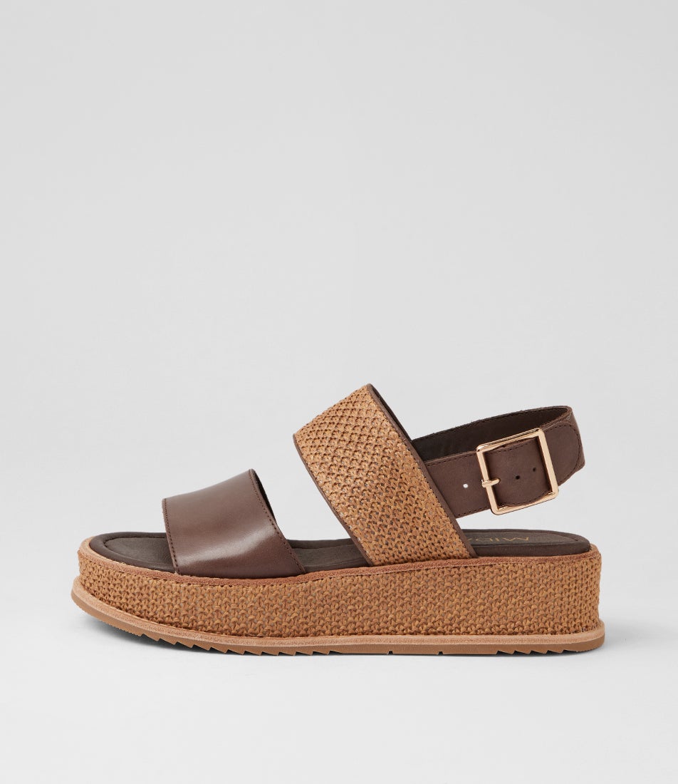 Vizmo Choc Coffee Leather Synthetic Raffia Platform Wedge Sandals