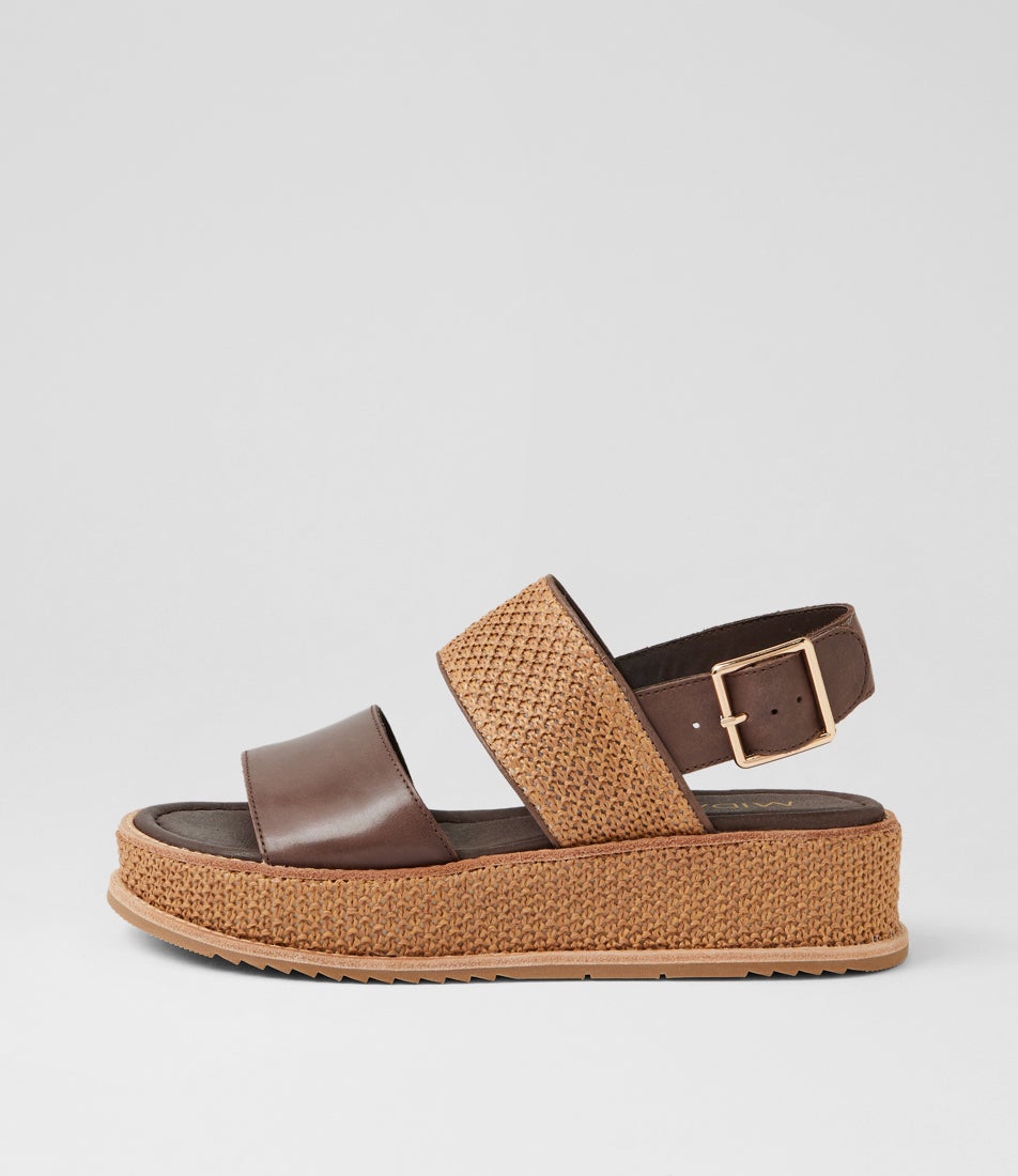 Vizmo Choc Coffee Leather Synthetic Raffia Platform Wedge Sandals