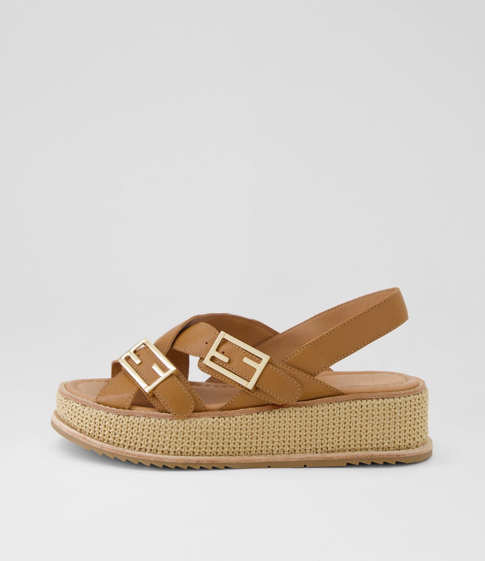 Vudu Dark Tan Camel Leather Synthetic Raffia Platform Wedge Sandals Vudu Dark Tan Camel Leather Synthetic Raffia Platform Wedge Sandals