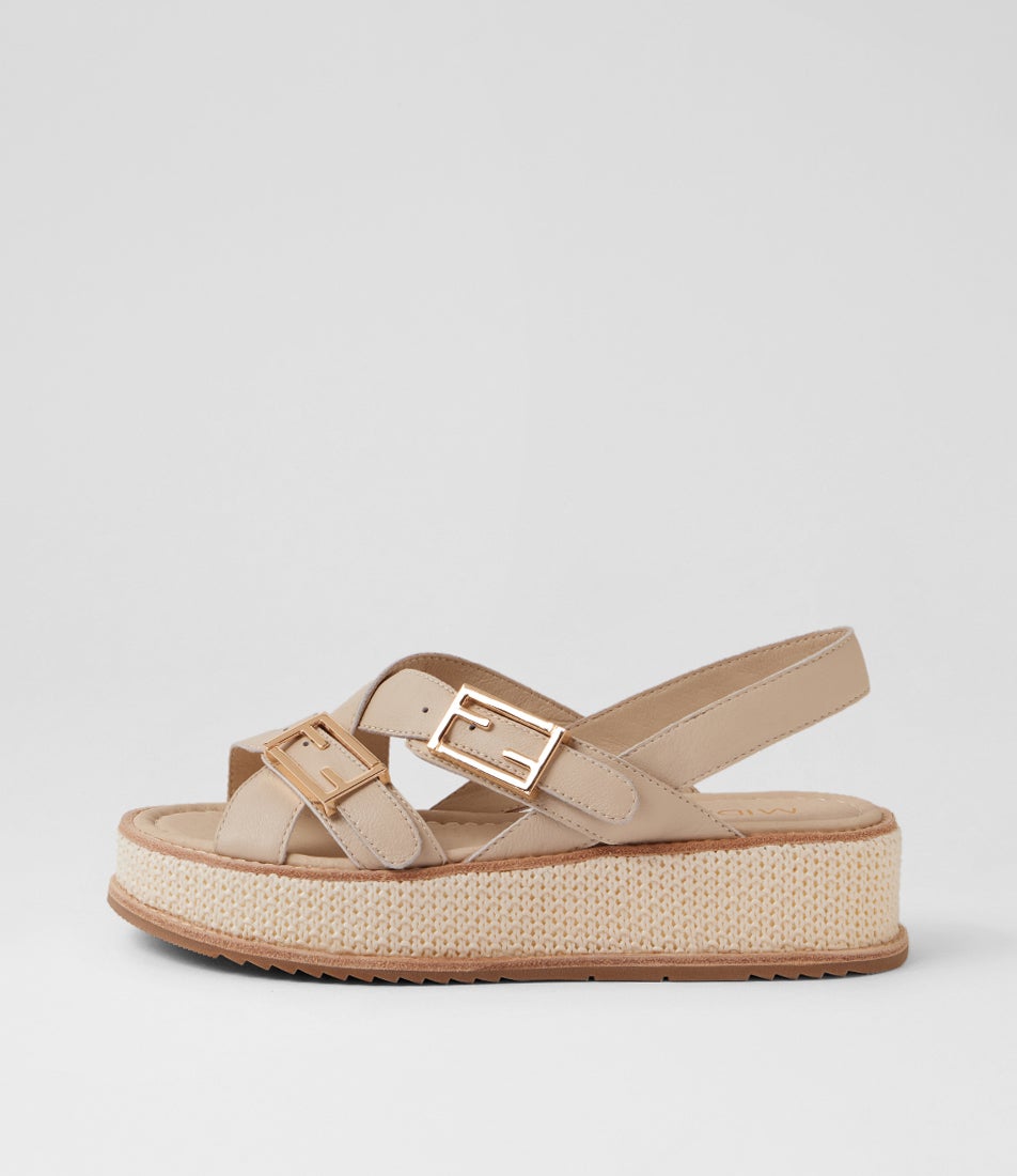 Vudu Milk Ivory Leather Synthetic Raffia Platform Wedge Sandals
