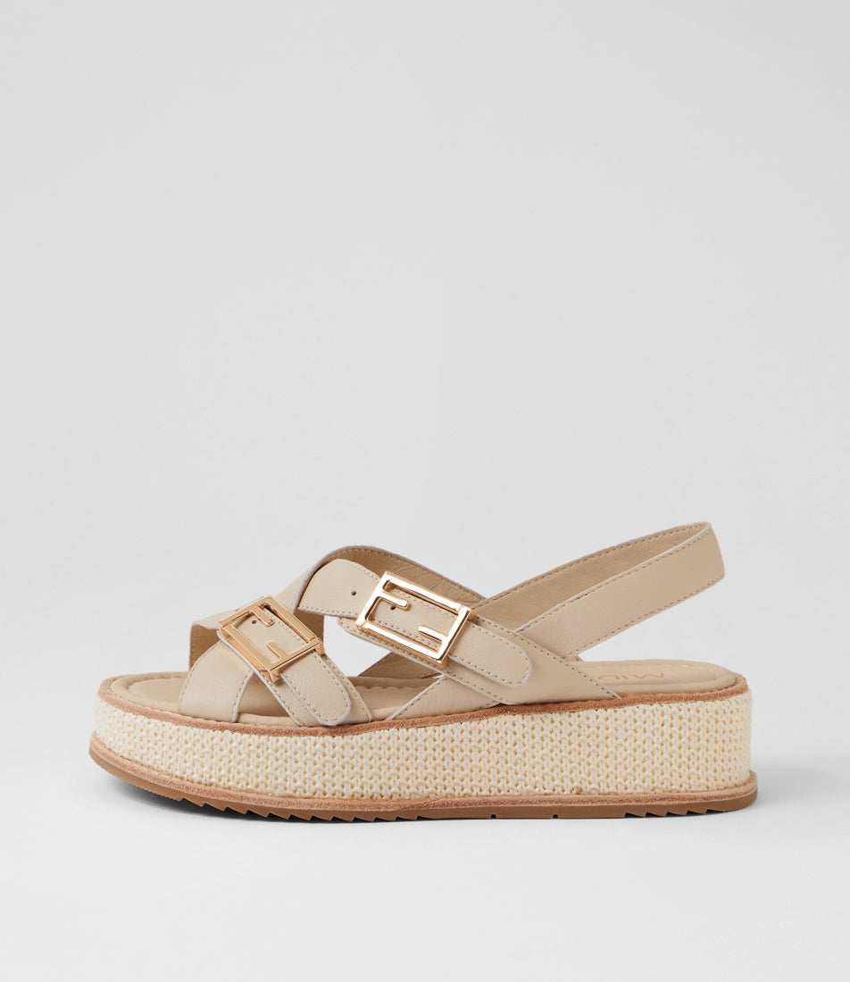 Vudu Milk Ivory Leather Synthetic Raffia Platform Wedge Sandals
