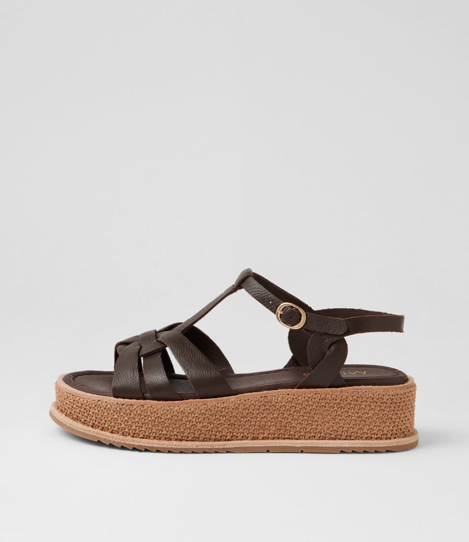 Vanile Choc Coffee Leather Synthetic Raffia Platform Wedge Sandals