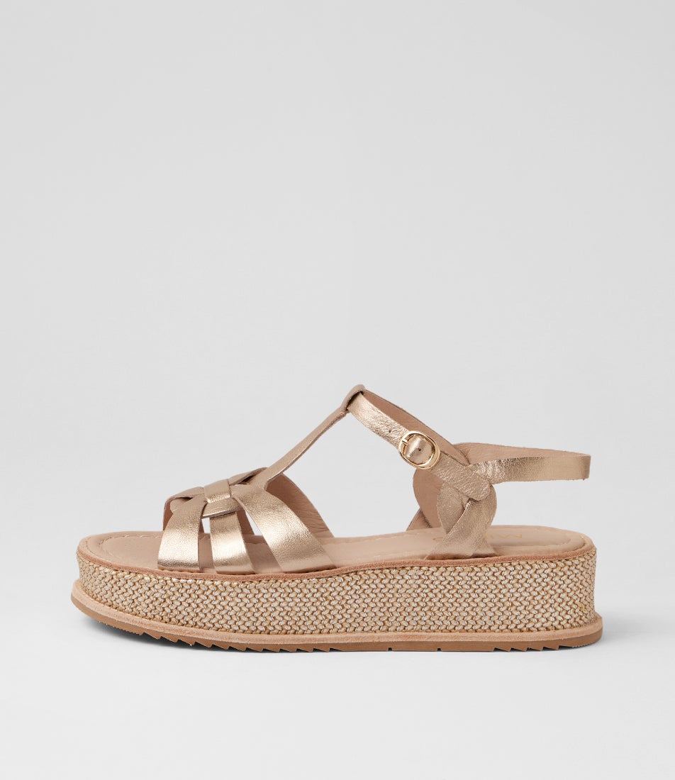 Vanile Champagne Leather Synthetic Raffia Platform Wedge Sandals