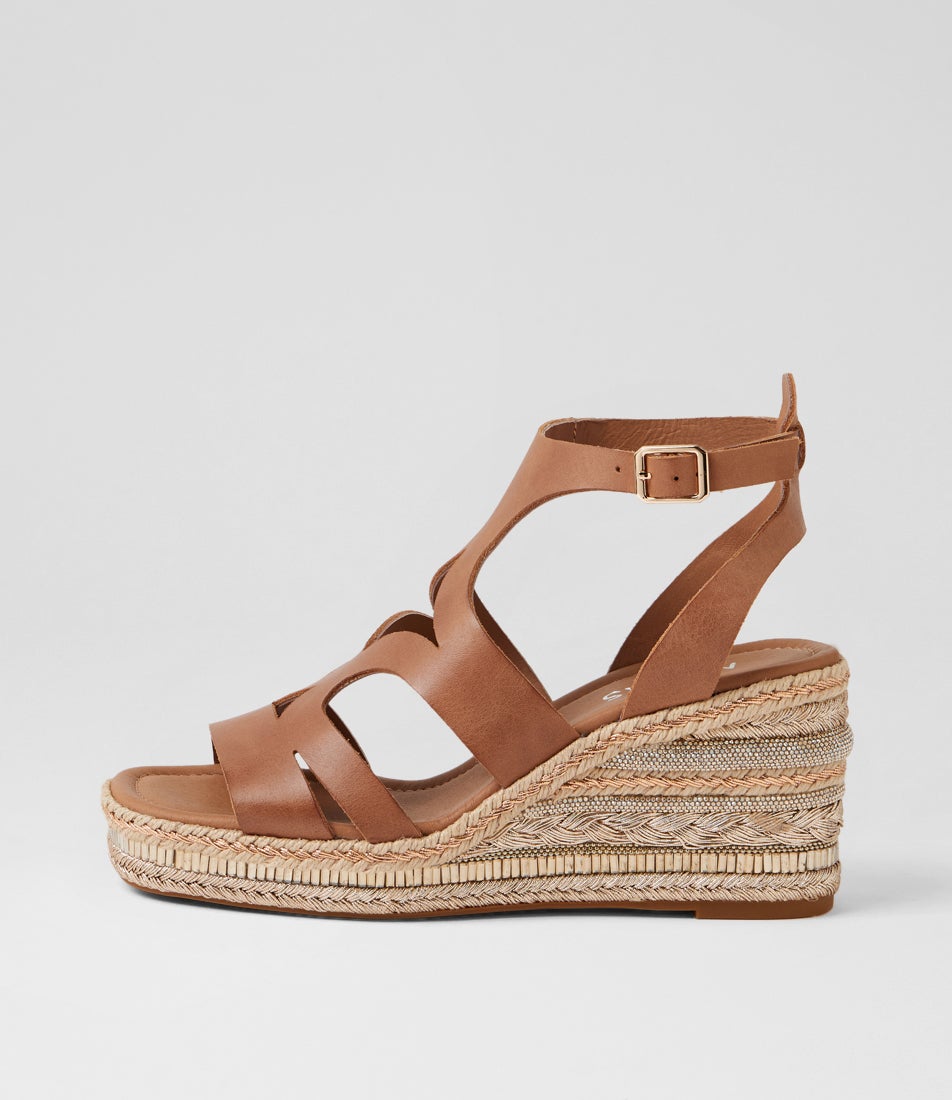 Olee Tan Leather Platform Wedge Sandals