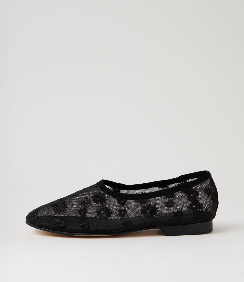 Ukel Black Flower Mesh Flat Shoes