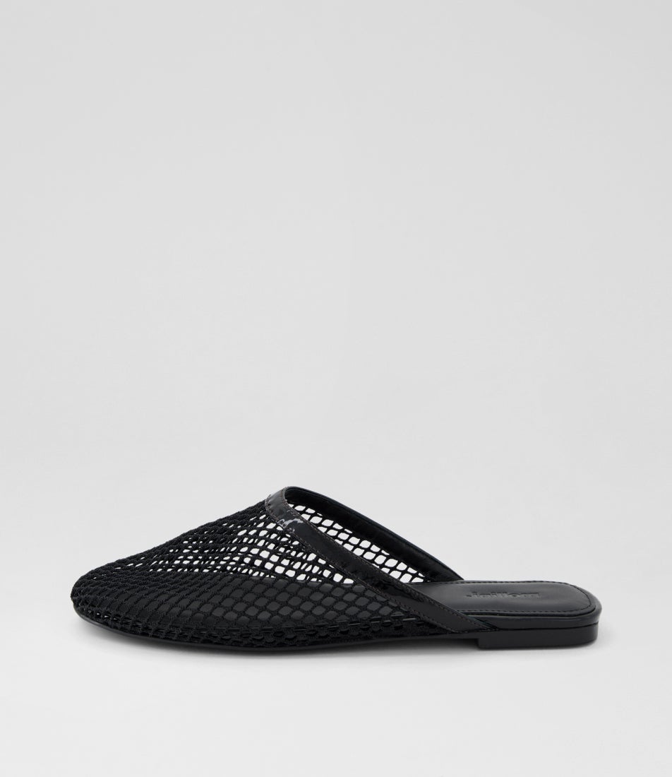 Lallina Black Patent Mesh Slides