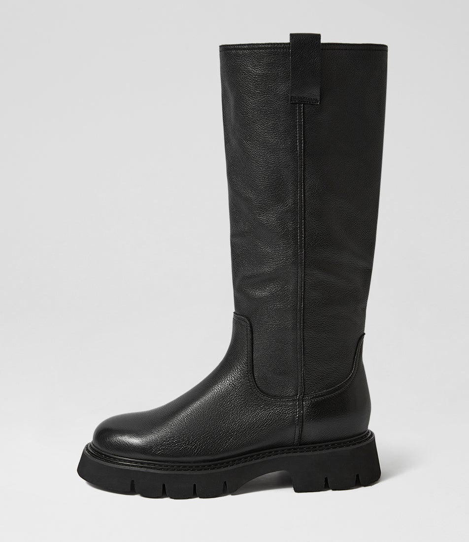 Krever Black Leather Knee High Boots