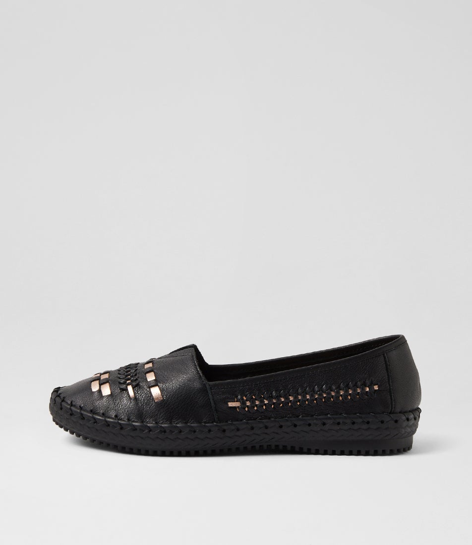 Wandies Black Rose Gold Leather Loafers