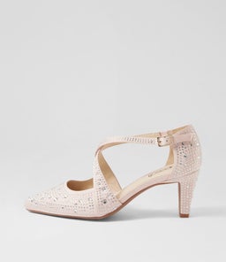 MILLIES SU NUDE SILVER COVERED HEEL SATIN