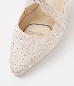 MILLIES SU NUDE SILVER COVERED HEEL SATIN