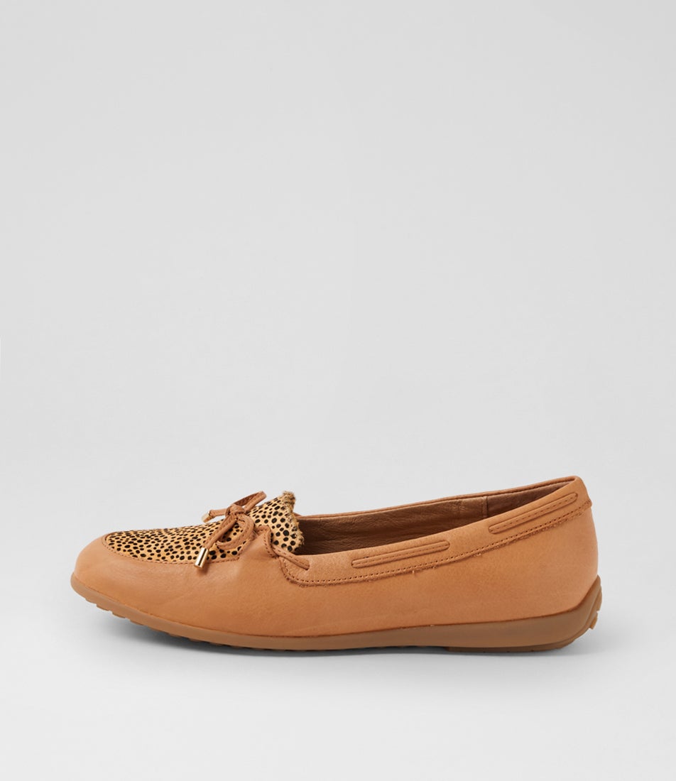 Fabias Dark Tan Dot Leather Fur Flat Shoes