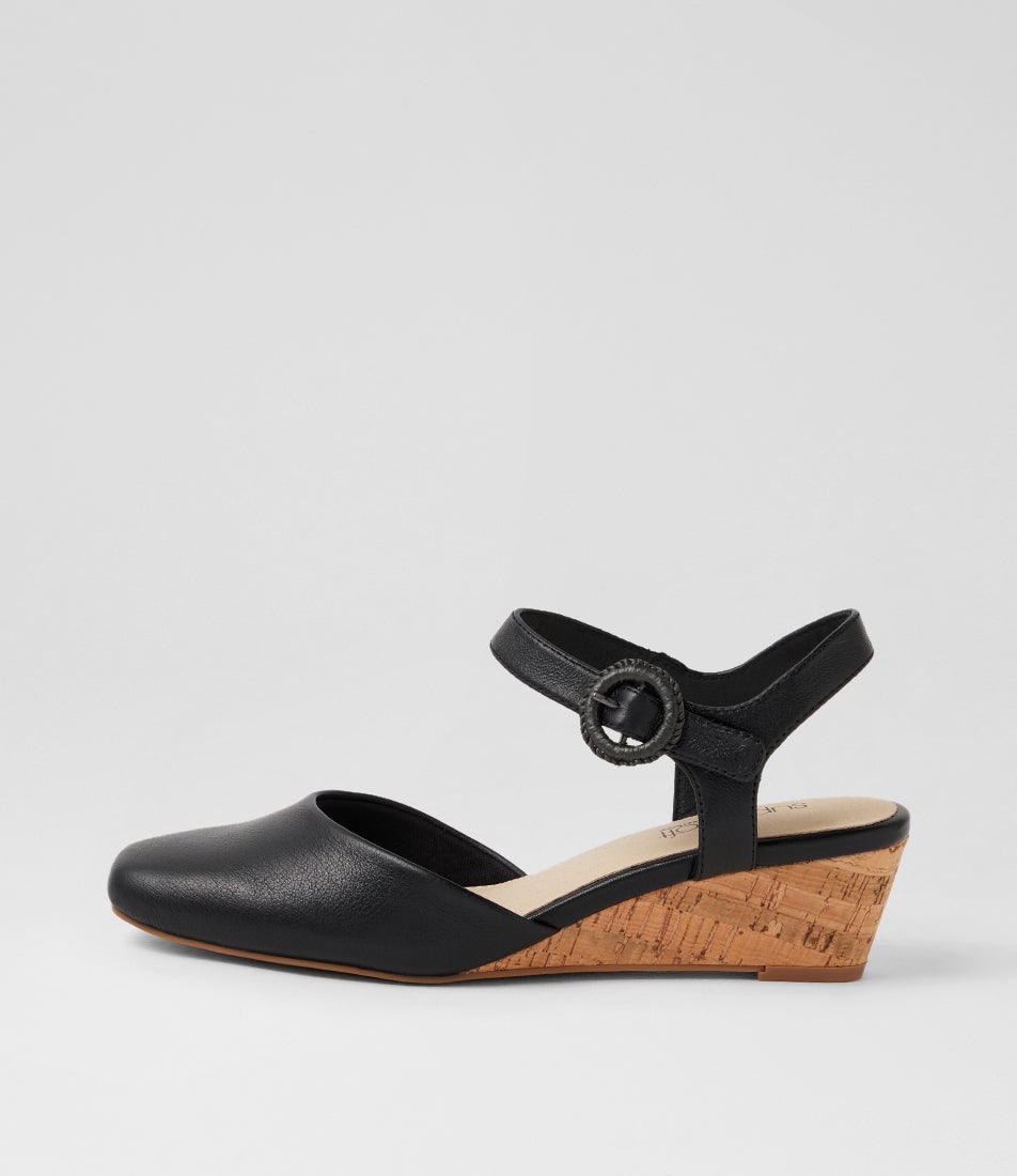 Selvine Black Leather Cork Heels
