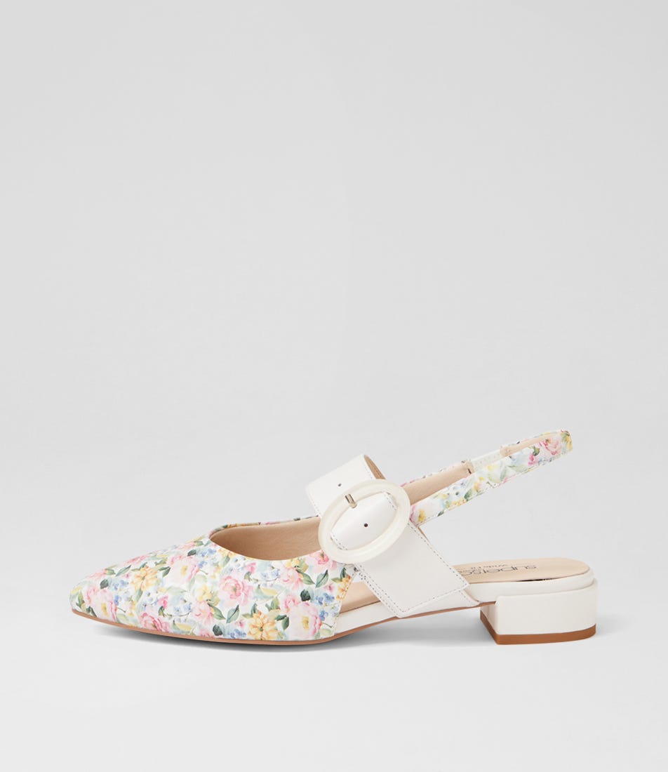 Wrennie D Garden Flower White Leather Slingbacks