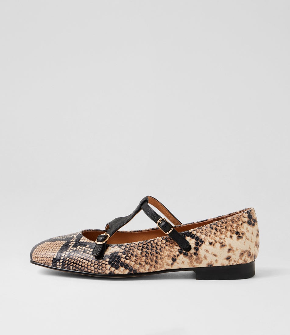 Perman Black Caramel Snake Leather Flat Shoes