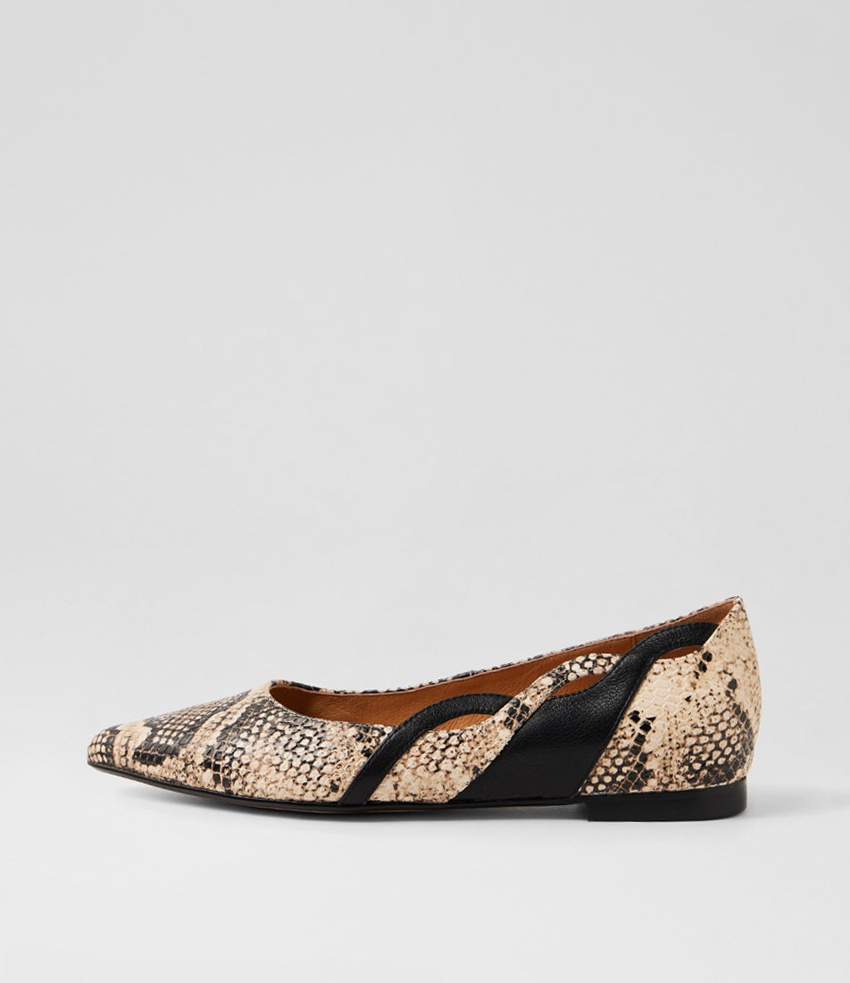 Yesica Latte Black Snake Leather Ballet Flats