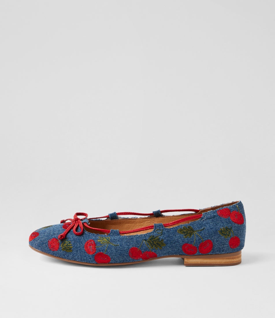Mellasy Blue Cherries Red Fabric Ballet Flats