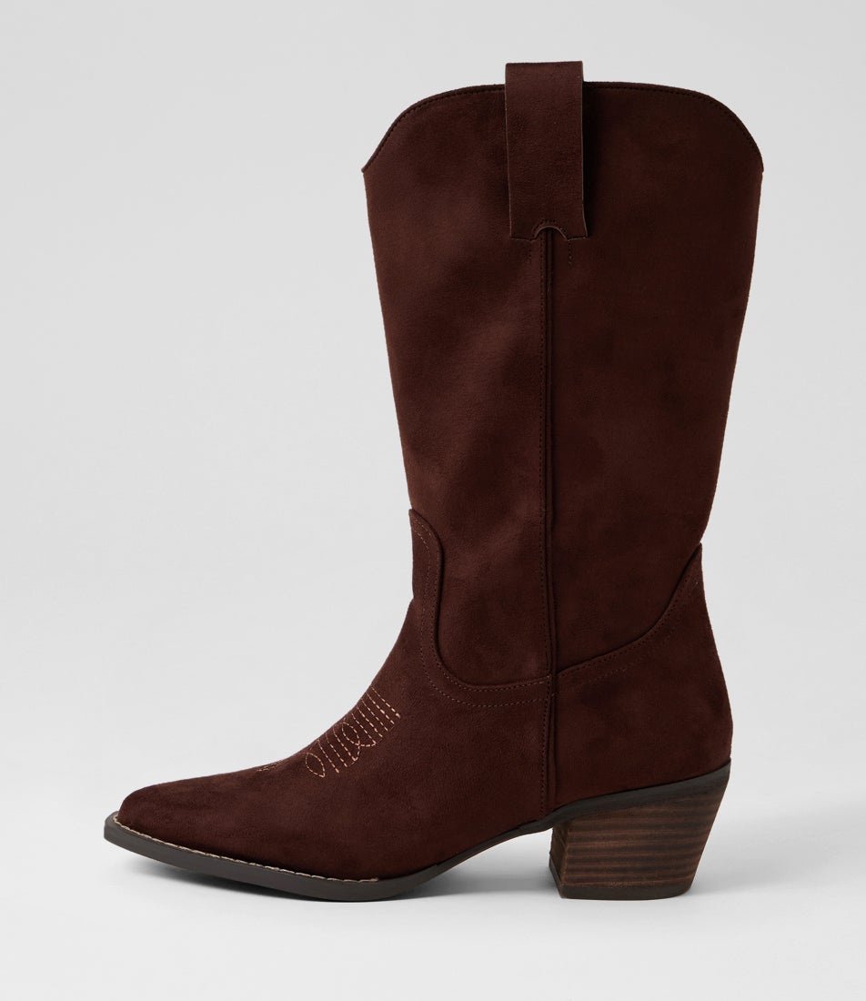 Benny Chocolate Brown Microsuede Western Calf Boots