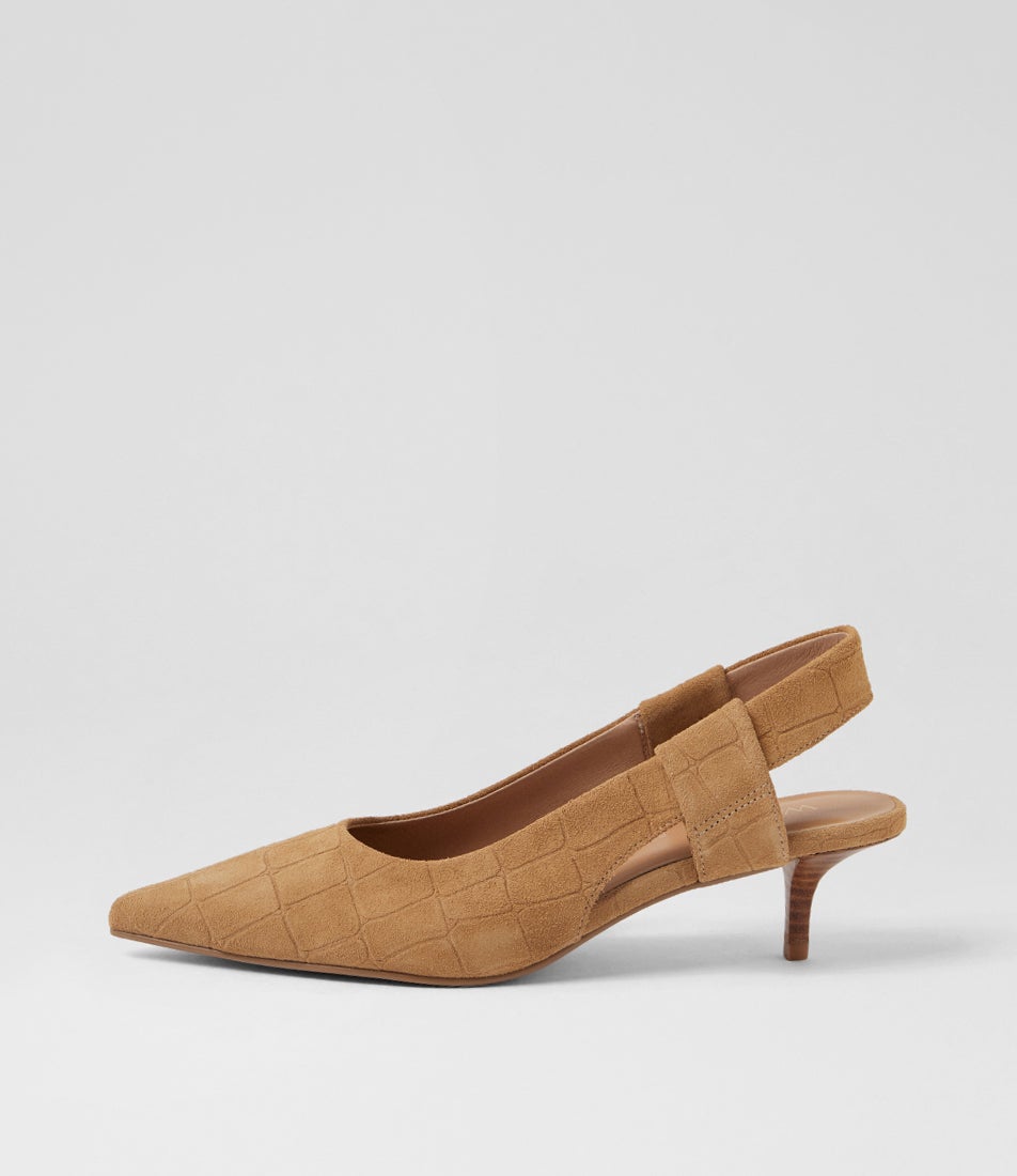 Thora Heel Tan Croc Suede Heels