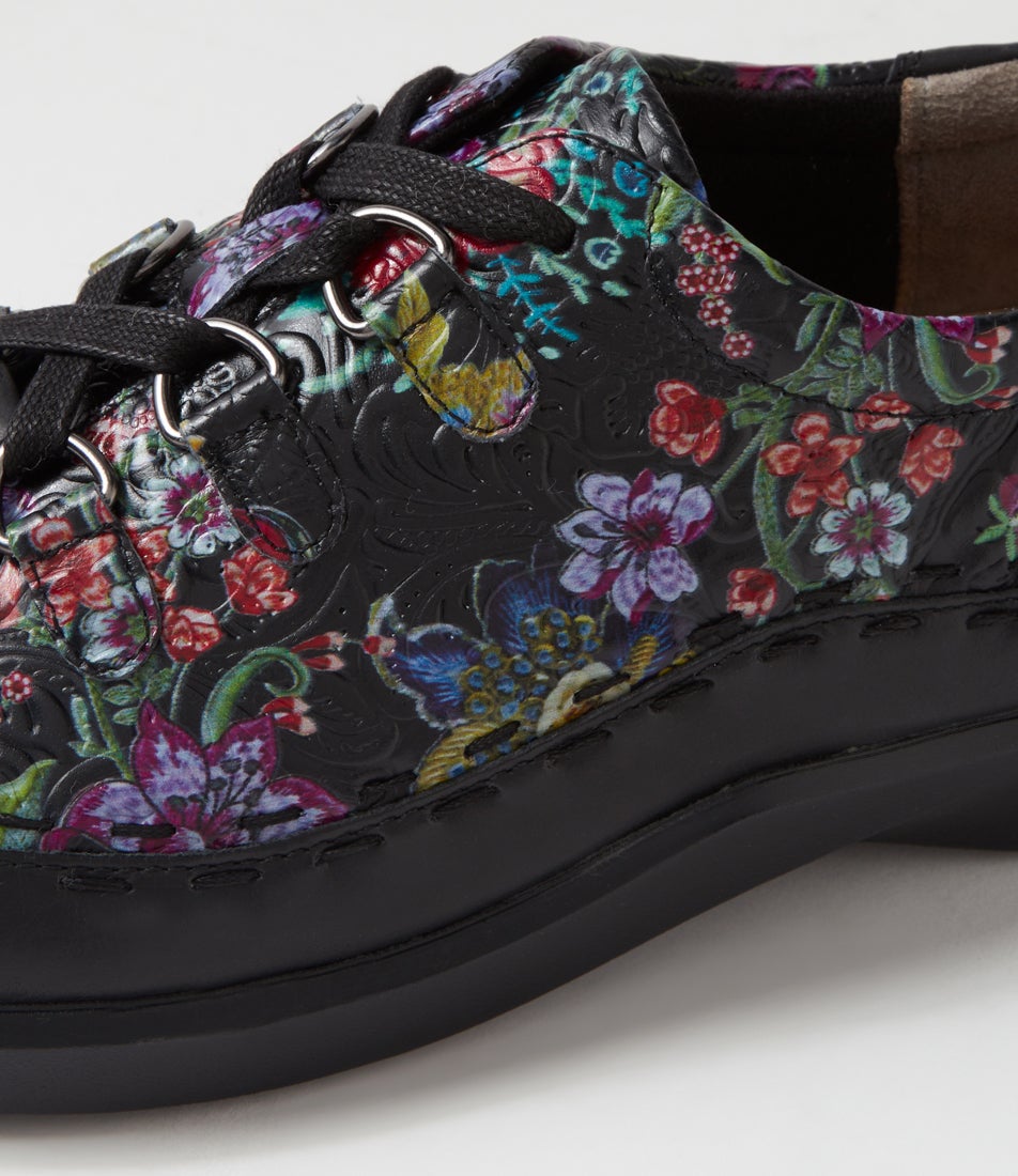 Allsorts Xw Black Floral Leather Embossed Lace Up Flats