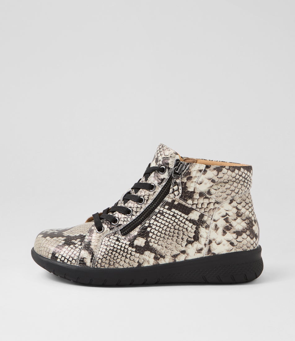 Shaunat Xf Black White Snake Leather Lace Up Boots