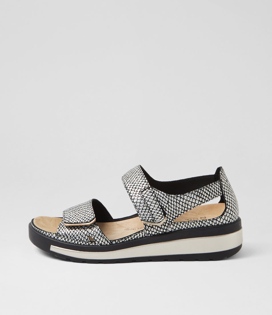 Gedd W Black Gold Print Leather Sandals