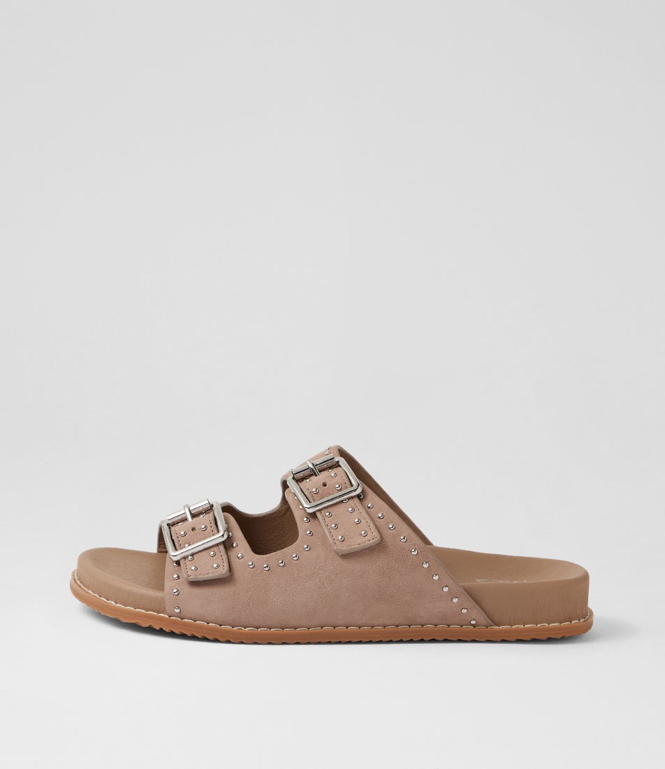 Havro W Taupe Silver Suede Slides Havro W Taupe Silver Suede Slides