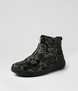 YANTAI XF ZR BLK&GREY PRINT BLACK LEATHER ELASTIC
