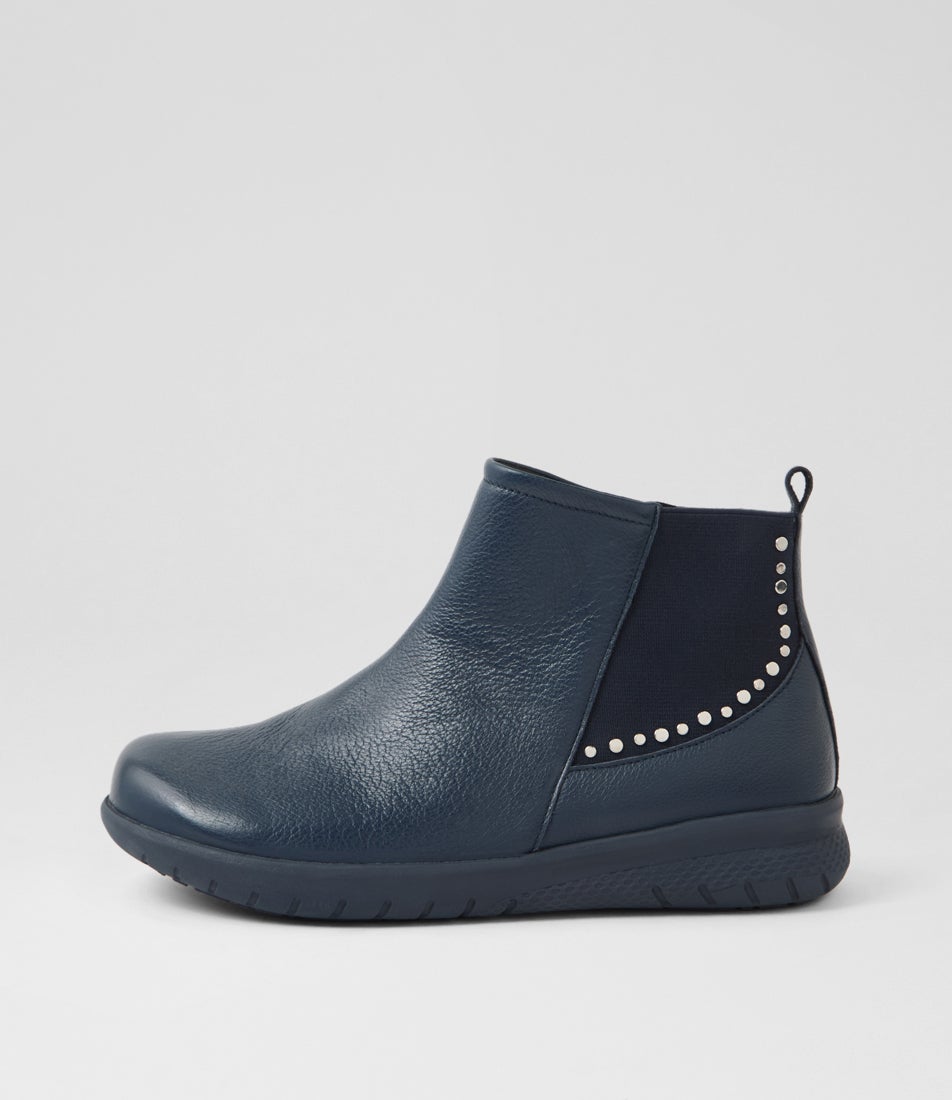 Suji Xf Navy Leather Elastic Ankle Boots